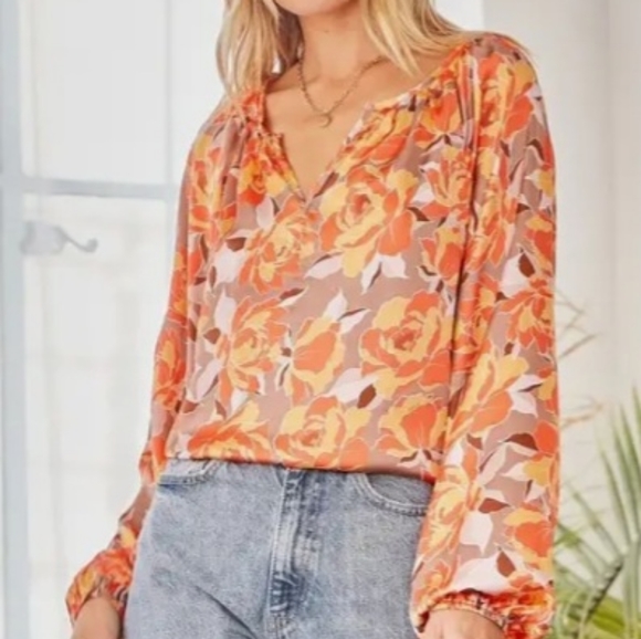 Emily Wonder Satin Floral Print Blouse with Split Neckline - Picture 2 of 10